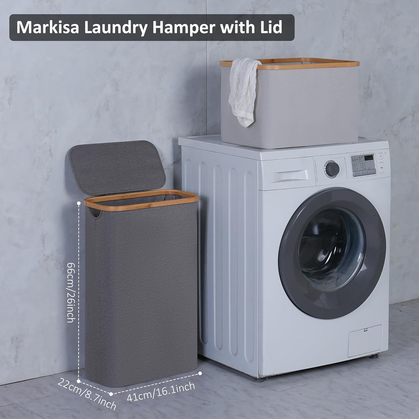 Slim Laundry Basket,60L Laundry Hamper with Lid, Tall Hamper for Laundry,Dirty Cloth Hamper with Bamboo Handle for Toys,Towels, Clothes Organizing,Grey