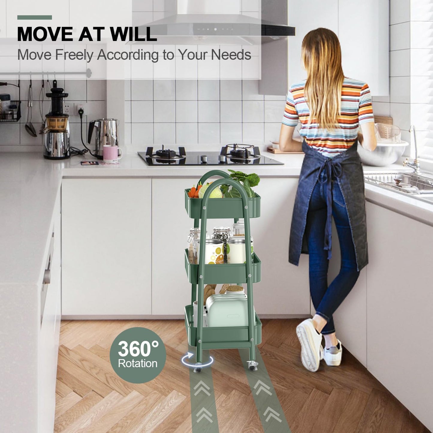 EAGMAK 3 Tier Utility Rolling Cart, Metal Storage Cart with Handle and Lockable Wheels, Multifunctional Storage Organizer Trolley with Mesh Baskets for Kitchen, Living Room, Office, Garage (Jungle)