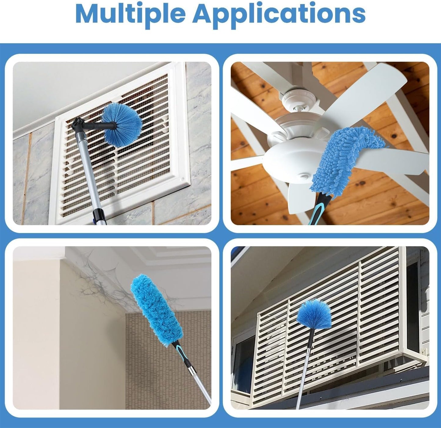 25ft High Ceiling Duster Kits with 5-18ft Heavy Duty Extension Pole - Fan Blade Cleaner, Cobweb Remover & Blue Window Squeegee Kit, Washable Dust Brush for High Roof and Glass Surfaces
