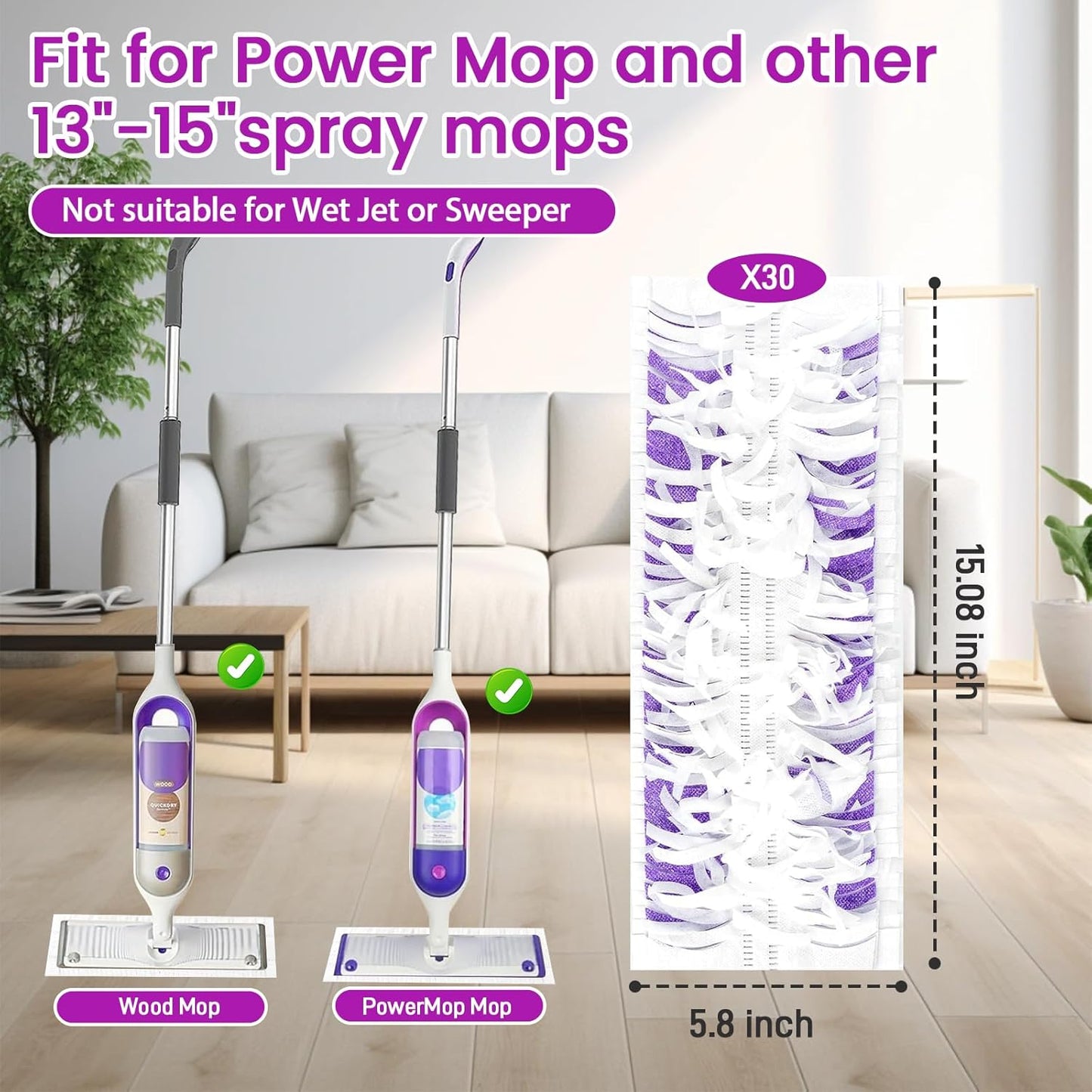 30 Pack Power Mop Pads Refills Compatible with Swiffer Power Mop Refills,Disposable Microfiber Replacement Pads for Swiffer Wet Pads Refill,Non-Washable & Unscented