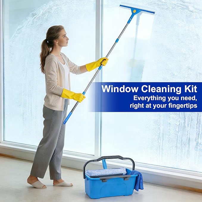 Professional Window Cleaning Kit, Window Washing Kit with 3 Gallon Bucket, 14-Inch Squeegee & 15-Inch Scrubber, 61-Inch Extendable Pole, Window Cleaning Equipment for Home & Commercial Use