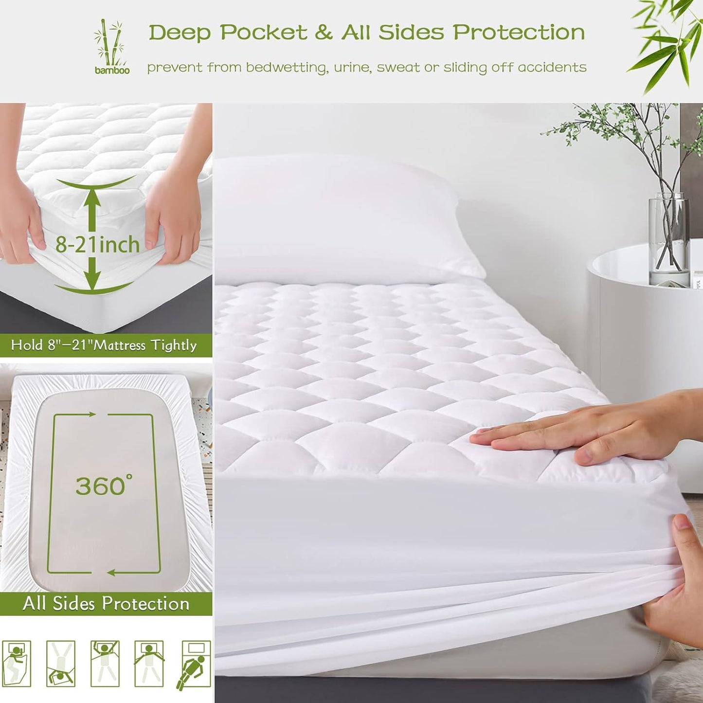 GRT King Mattress Protector Waterproof, Rayon from Bamboo, Cooling Quilted Fitted Mattress Pad, Noiseless Waterproof Mattress Cover, fits up to 21" Deep, Dust Proof White