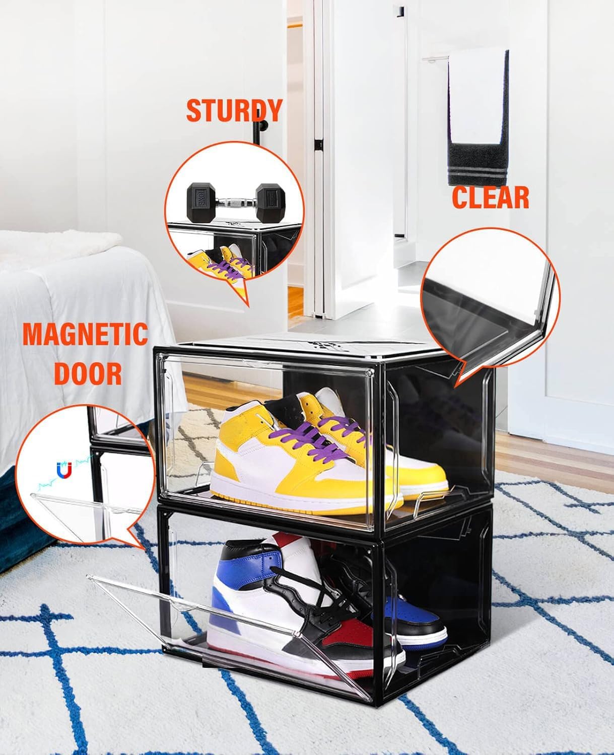 KDOR Clear Shoe Boxes Stackable, 3 Pack Shoe Storage Box with Lids Magnetic Door, Clear Sneaker Storage Acrylic Boxes for Display, Fit Shoe Size Up to US 15