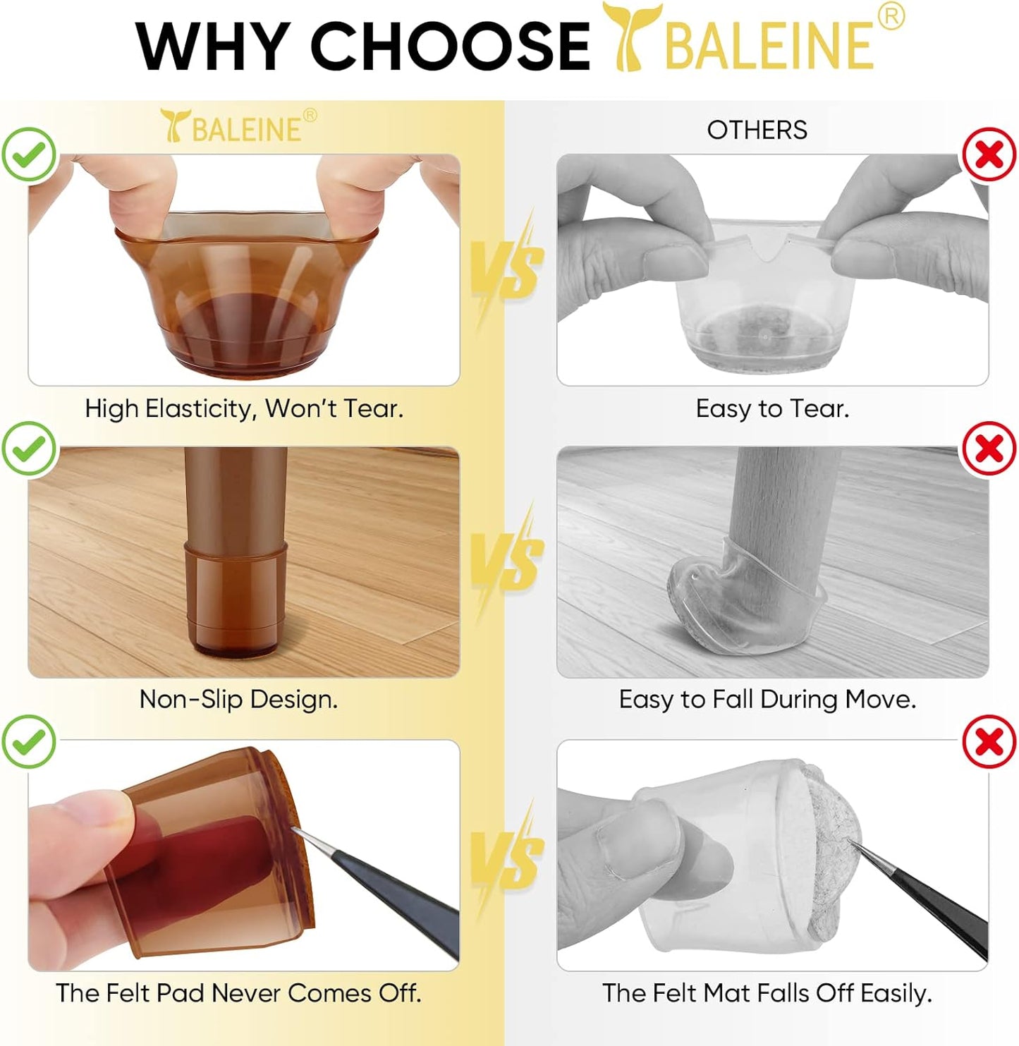 BALEINE 16 Pack Silicone Chair Leg Floor Protectors, Stool Leg Protectors Cap, Non-Slip Chair Leg Caps for Hardwood Floors (Brown, X-Large, 16 Pack)