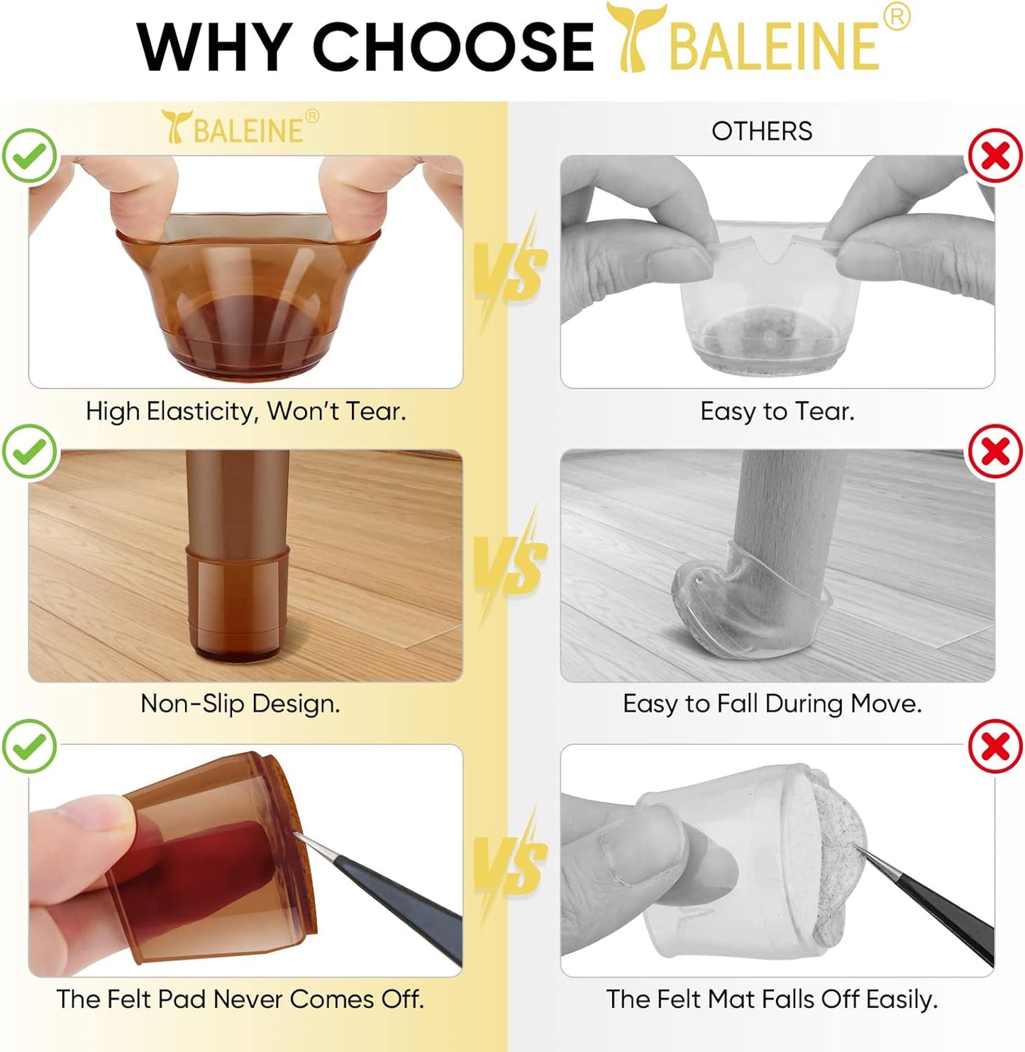 BALEINE 16 Pack Silicone Chair Leg Floor Protectors, Stool Leg Protectors Cap, Non-Slip Chair Leg Caps for Hardwood Floors (Brown & Small, 16 Pack)