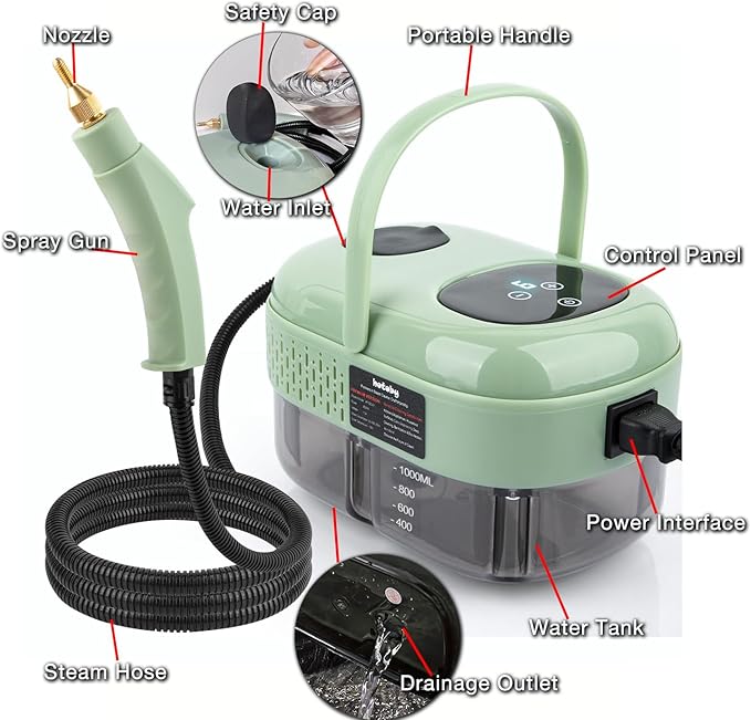 Steam Cleaner, 2500W High Pressure Handheld Steamer, 6-gears adjustable, Portable Steam Cleaning Machine with 6 Brushes, Cleaning for Home Use, Kitchen, Bathroom,Hard Surface,Car Detailing (Green)