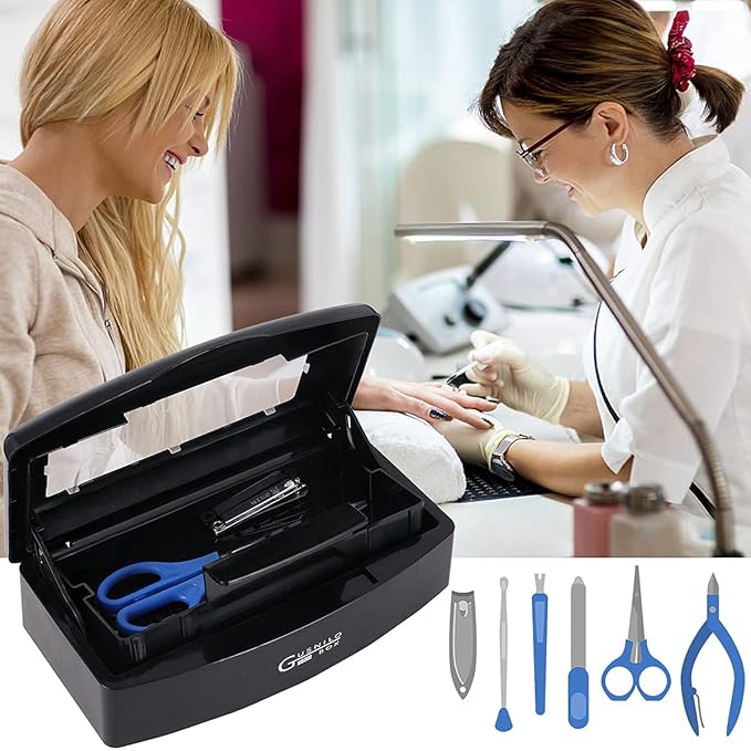 Gusnilo Nail Tool Sterilizer Box Plastic Disinfectant Container Disinfectant Tray for Nail Tools, Tweezers, Hair Salon, Spa and Trimmer Manicure Equipment (Black)