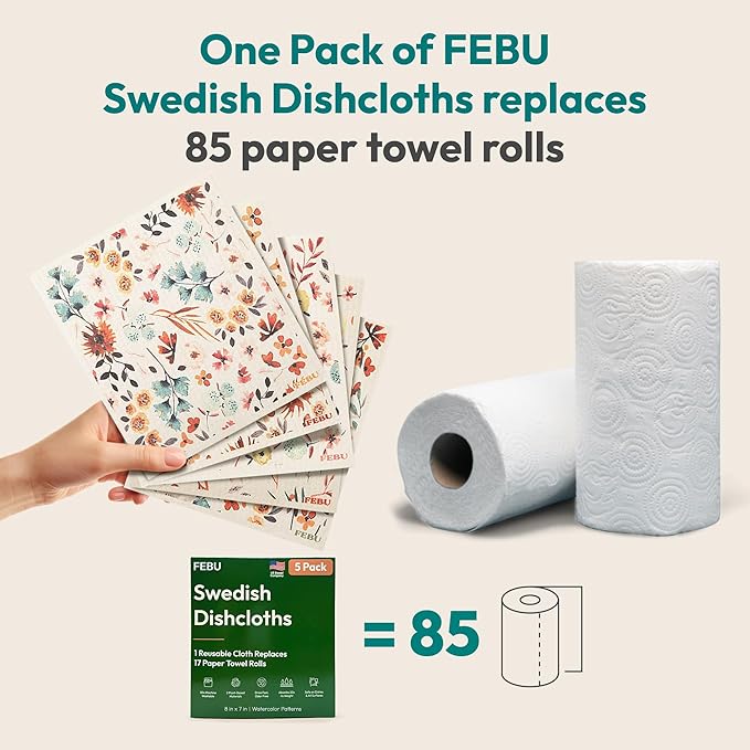 FEBU Swedish Dishcloths for Kitchen | 5 Pack Stamps Reusable Paper Towels Washable | Swedish Dish Towels | Non-Scratch Cellulose Sponge Cloths | No Odor, Biodegradable Cleaning Cloths