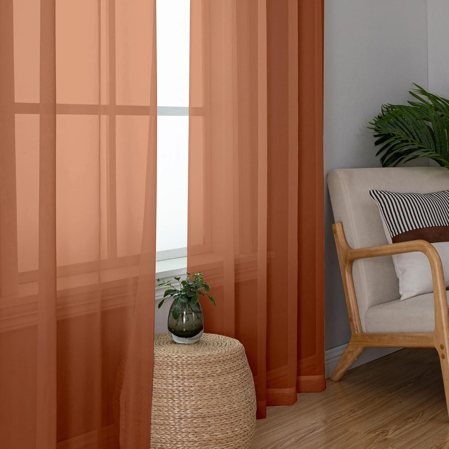 Chyhomenyc Orange Sheer Curtains 45 Inch Long 2 Panels, Light Filtering Rod Pocket Voile Short Curtains Drapes for Living Room Bedroom Small Windows, 42Wx45L Inches