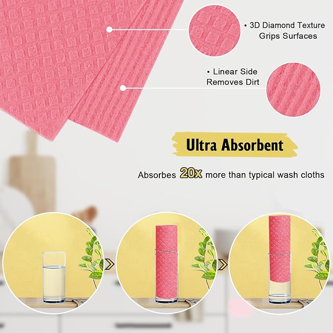Swedish Dishcloths for Kitchen | 10 Pack Cellulose Sponge Dish Cloths Washable | Non-Scratch Reusable Towels Rags Ultra-Absorbent Cleaning Cloths Quick Drying