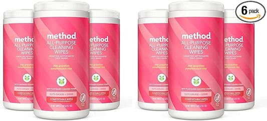 Method All-Purpose Cleaning Wipes, Pink Grapefruit, Multi-Surface, Compostable, 70 Count (Pack of 6)