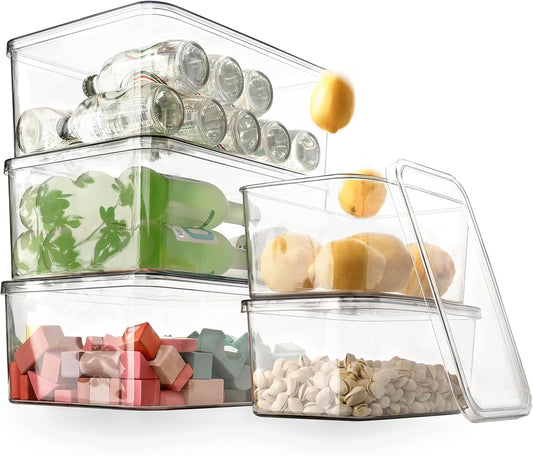 Clear Storage Bins With Lids,5 Packs Food Storage Organizer,Cabinet Storage Basket for Clothing, Towels, Cosmetics, Kitchen Storage Containers,Transparent Pantry Containers (3L+2S)