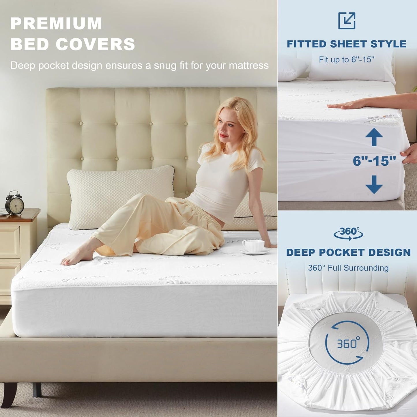 Waterproof Mattress Protector, Twin XL Size Mattress Pad Fitted 6-15" Deep Pocket, 3D Air Fabric Bed Mattress Cover Noiseless Washable for College Dorm