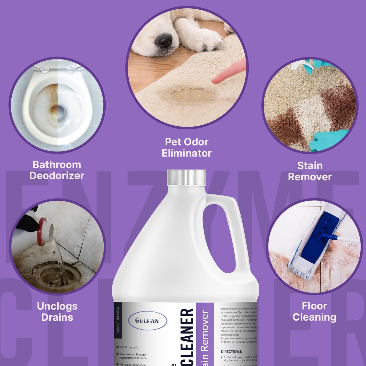 Multi-Purpose Probiotic Enzyme Cleaner, Made in USA - Pet Stain and Odor Remover - Concentrated - Professional & Home Strength Drains, Floors, Bathrooms, Toilets Trash Can, (1 gallon, Lavender)