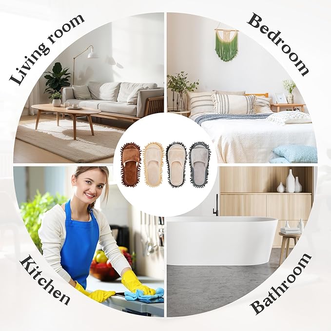 Jecery 4 Pair Washable Microfiber Mop Slippers Detachable Dusting Shoes for Floor Cleaning, Office & Home Use Suitable for Women & Men(Blue, Brown, Beige, White,L Size)