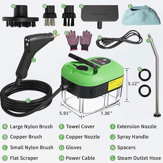 Handheld Steam Cleaner for Home, 2500W High Temperature Pressurized Machine, 1.2L Water Tank, Handle-controlled Steam Output, Portable Cleaning Steamer for Car, Bed Bugs, Furniture, Grout (Green)