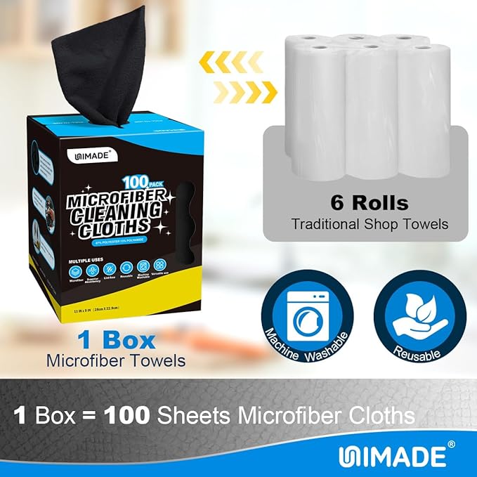 Microfiber Cleaning Cloth, 100 Sheets Microfiber Towels for Cars Commercial Grade Washcloths Lint-Free Bulk Shop Towel Cleaning Rags for Mechanic Restaurant Garage Housekeeping, 11"x 9", Black