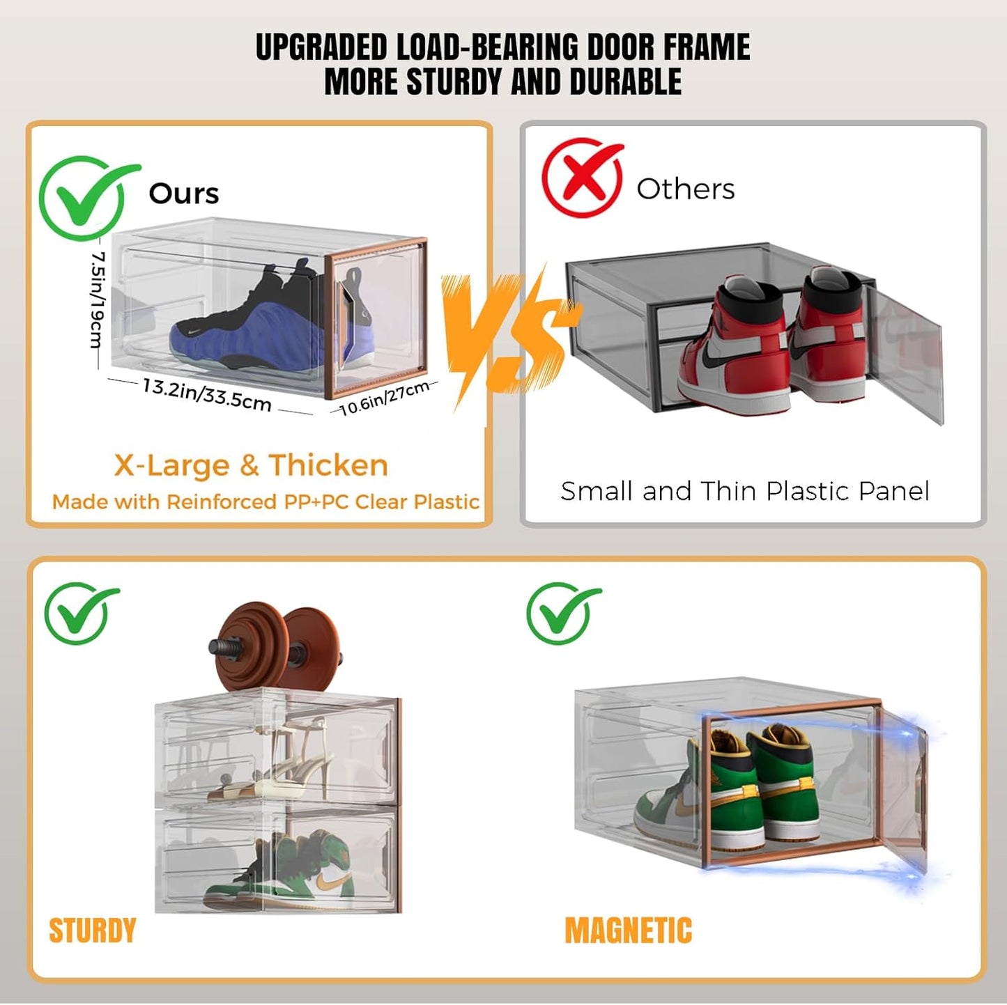X-Large Stackable Shoe Boxes - Clear Plastic Shoe Storage Boxes with Magnetic Door, Thicken Shoe Organizer for Closet, Space Saving Foldable Shoe Containers Bins for Sneaker Boot - 6 Pack(Brown)
