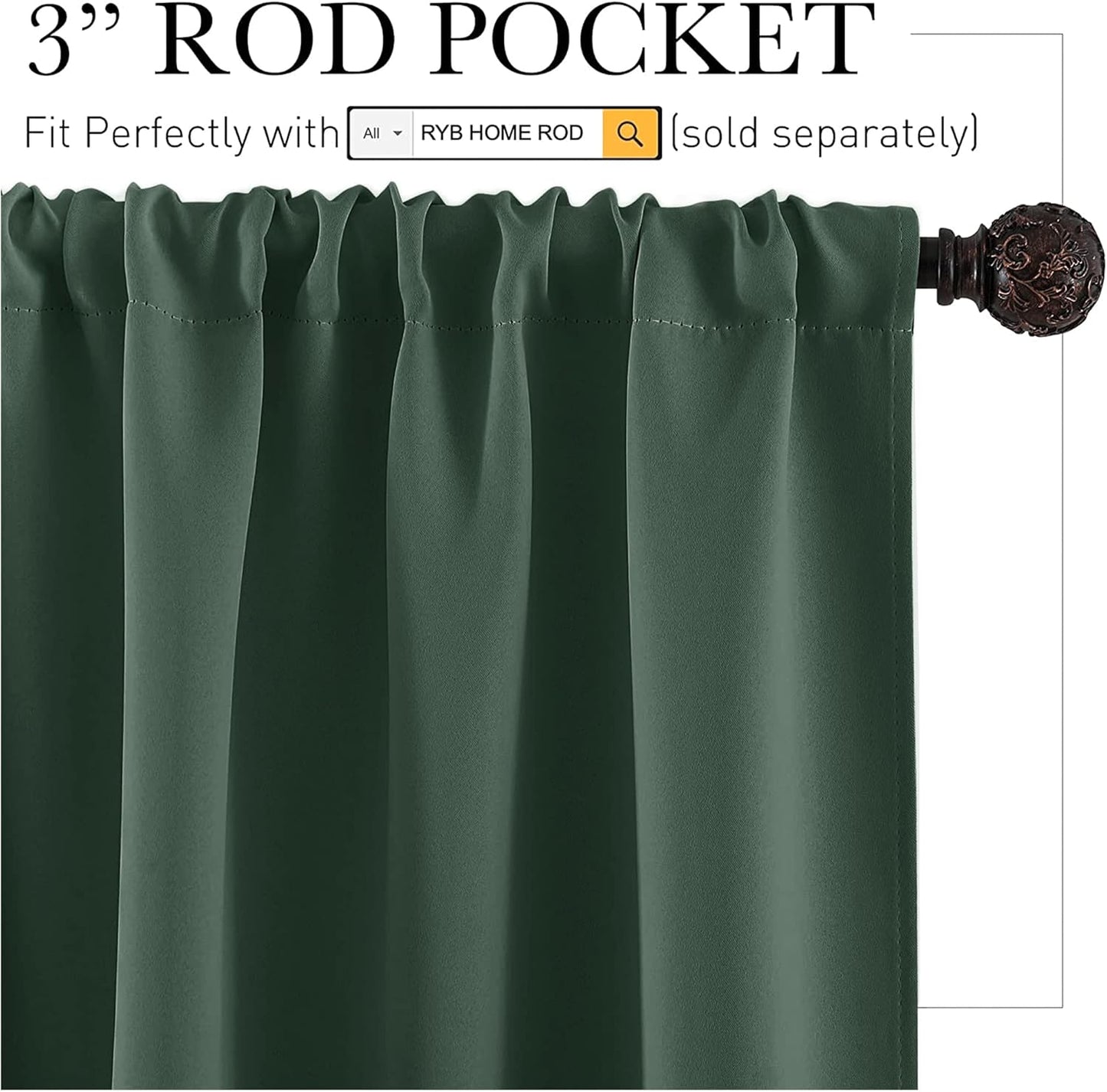 RYB HOME Small Curtains for Bathroom Windows, Blackout Blinds Shades for Bedroom Dorm Storage Cabinet Door Basement Farmhouse Decor, W 34 x L 36 inches, Dark Green, 2 Panels