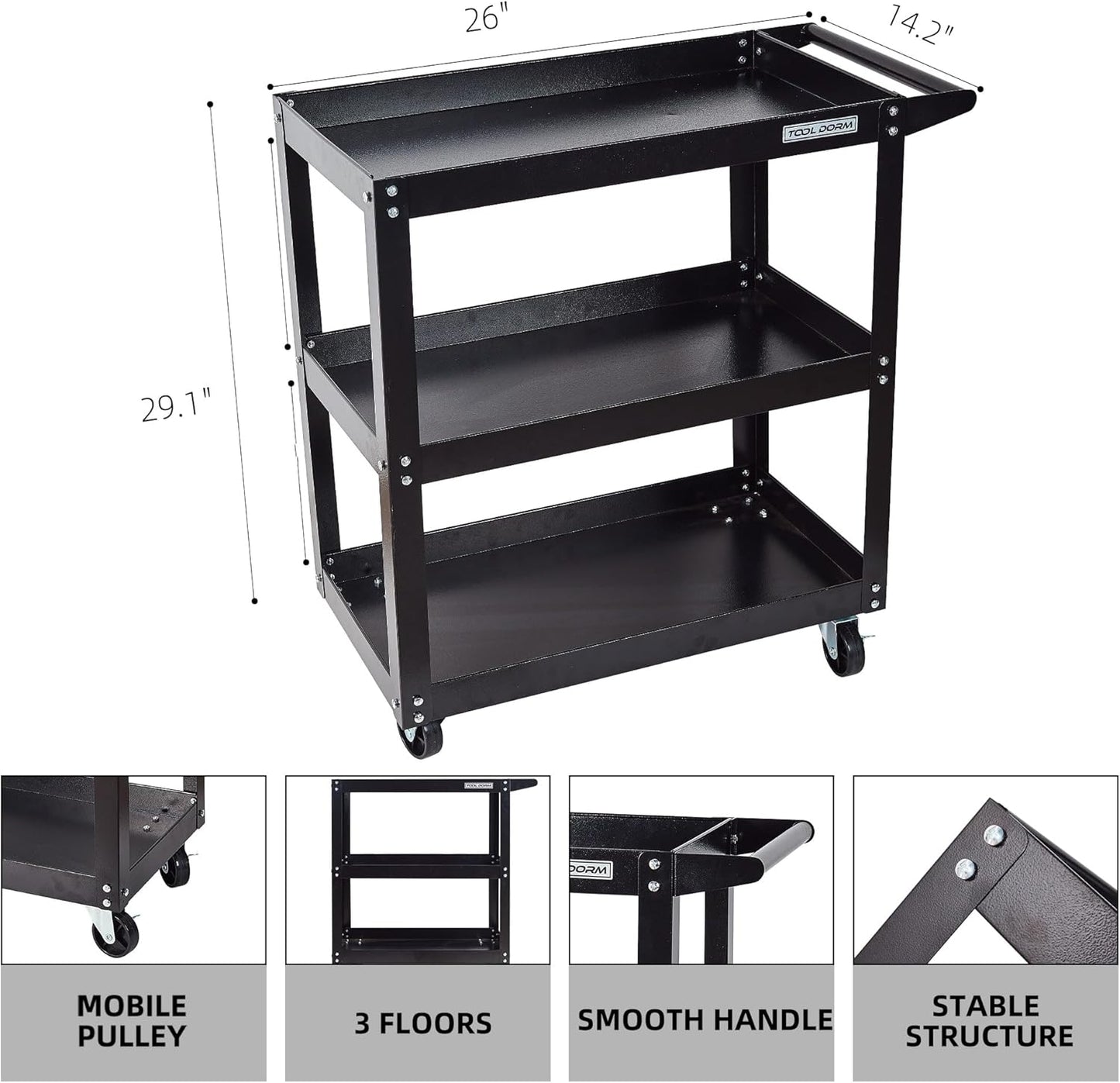 Utility Service Cart, 3 Shelf 200LBS Heavy Duty Steel Rolling Utility Cart, Medium Lipped Shelf, 360° Swivel Wheels, Ergonomic Storage Handle for Warehouse Garage, Black