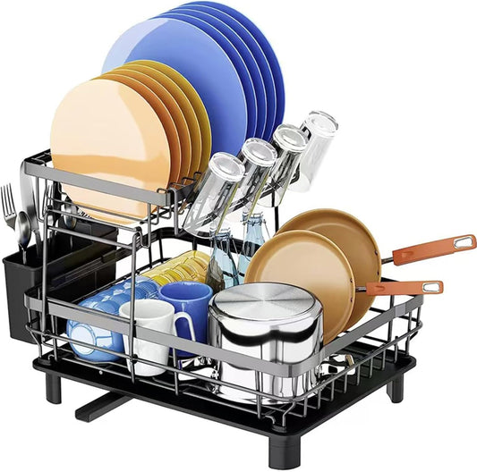 Dish Drying Rack, Space Saving & Durable, Rust-Proof Large 2 Tier Stainless Steel Dish Racks for Kitchen Counter with Cutlery & Cup Holder & Drainboard -Grey