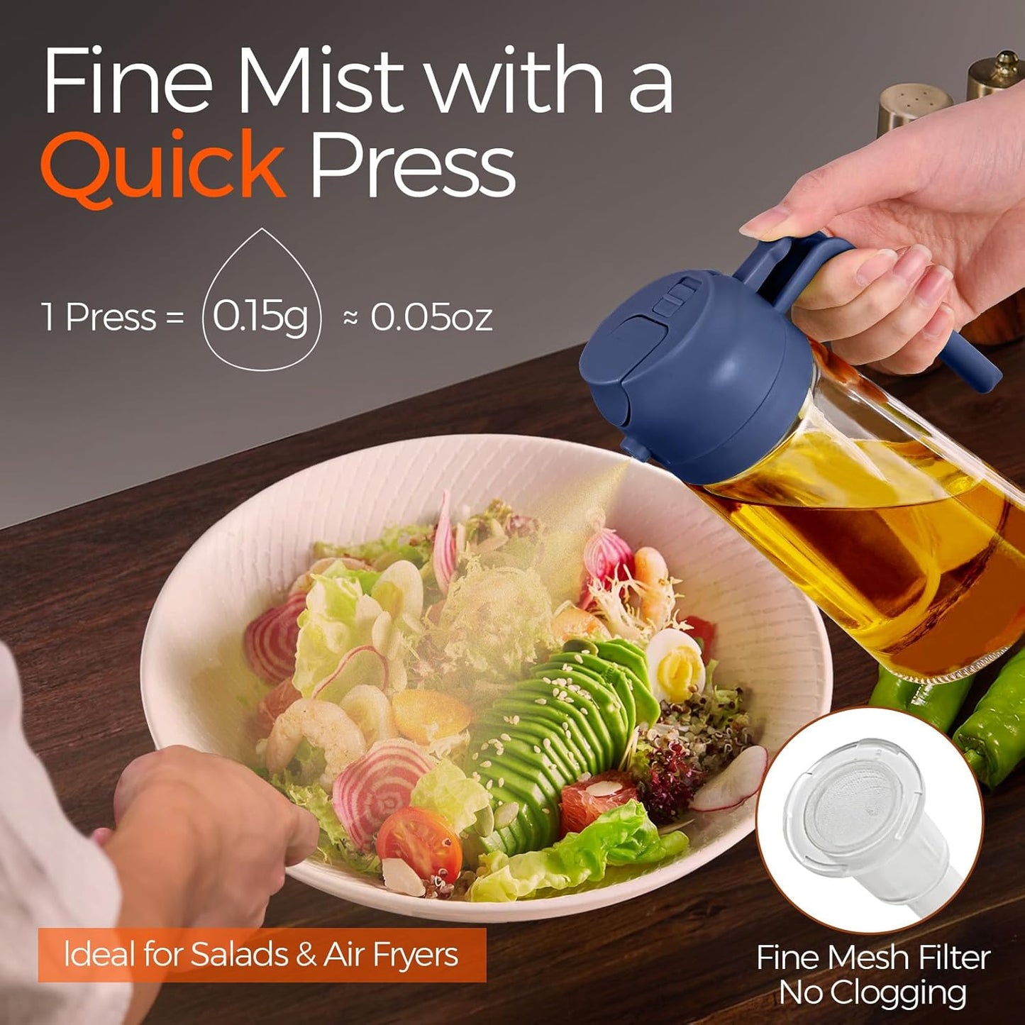 YARRAMATE 16oz/470ml Glass Olive Oil Sprayer for Cooking with Stickers, 2 in 1 Oil Dispenser for Kitchen Gadgets, Food Grade Premium Spray Bottle with Portion Control for Salad, BBQ (Navy)