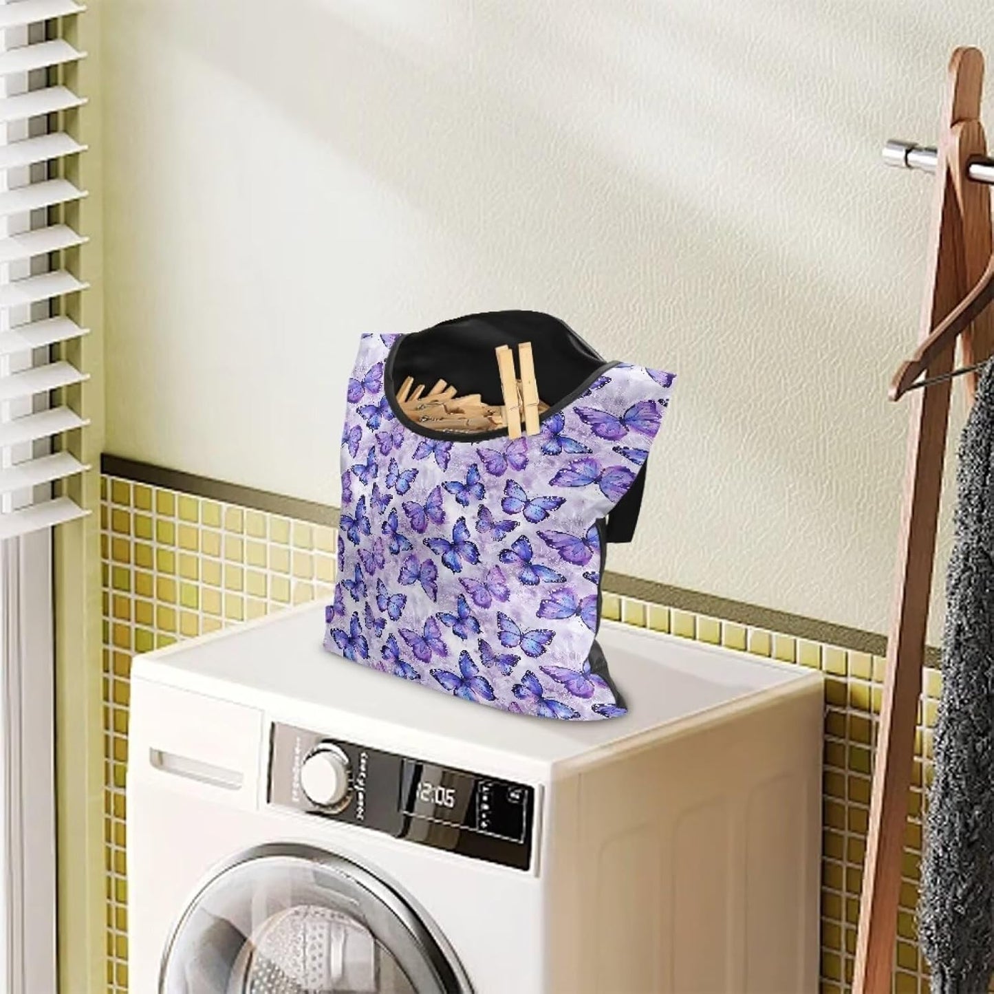 Butterfly Purple Clothespin Bag for Clothesline Outdoor, Soft & Lightweight Hanging Bag for Laundry, Clothes Pins Bag Holder Outdoor, Clothes Pin Bag for Outside