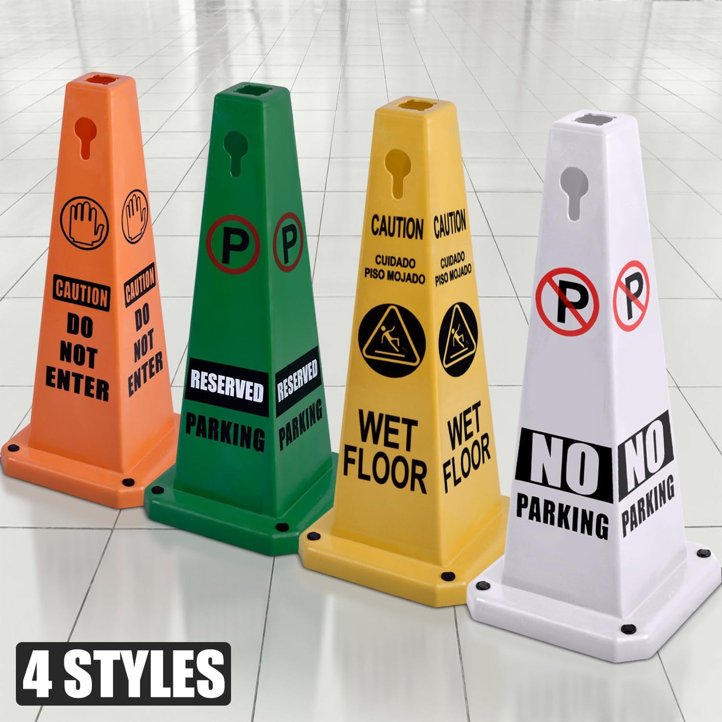 Plastic Traffic Cones, 4-Sided Message Cones, Road Safety Parking Cones, Standing Traffic Warning Signs for Cleaning Area, Garage, No Entry (8, Caution Wet Floor, Large)