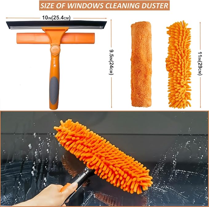 2 in 1 Window Washing Squeegee & Duster with 2 Pad Compatible with Standard 3/4 Inch Threaded Poles for Home Indoor Outdoor Window Washing/Duster Head Only (Orange)