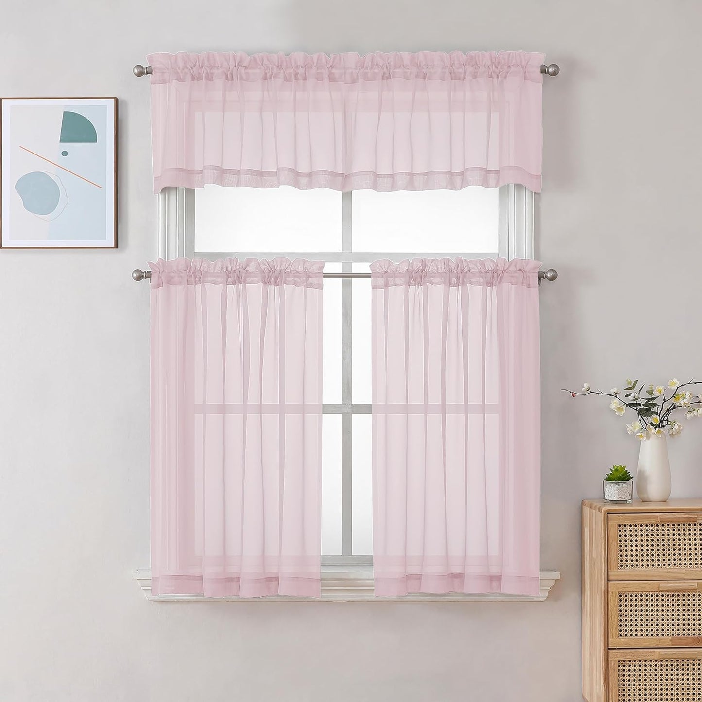 Chyhomenyc Sheer Valances for Windows, Small Window Curtains for Living Room Bathroom Laundry Basement, Modern Dual Rod Pocket Voile Valance Curtain, 42W x 14L inches, 2 Pcs, Blush Pink