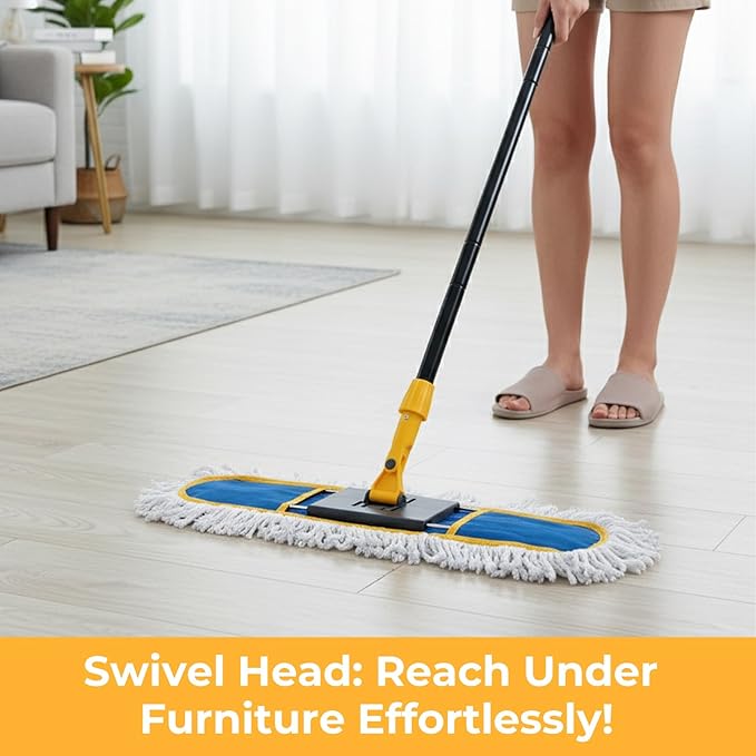 24" Dust Mop for Floor Cleaning, Large Areas Dry & Wet Mop with 2 Washable Cotton Pads, Efficiently Picks Up Pet Hair & Dust for Hardwood, Tile, Laminate, Patio