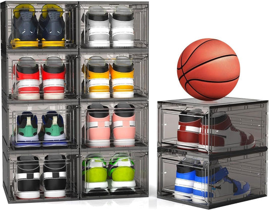 Mitees 10 Pack XX Large Thicken Sturdy Hard Plastic Clear Stackable Shoe Storage Boxes for Size 12, Sneaker Shoe Rack Containers Holders Bins Display Case Organizer for Closet, Grey02
