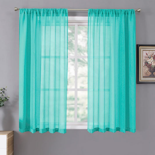 Tollpiz Sheer Curtains Linen Textured Bedroom Curtain Sheers Light Filtering Rod Pocket Voile Curtains for Living Room, 54 x 63 inches Long, Aqua Blue, Set of 2 Panels