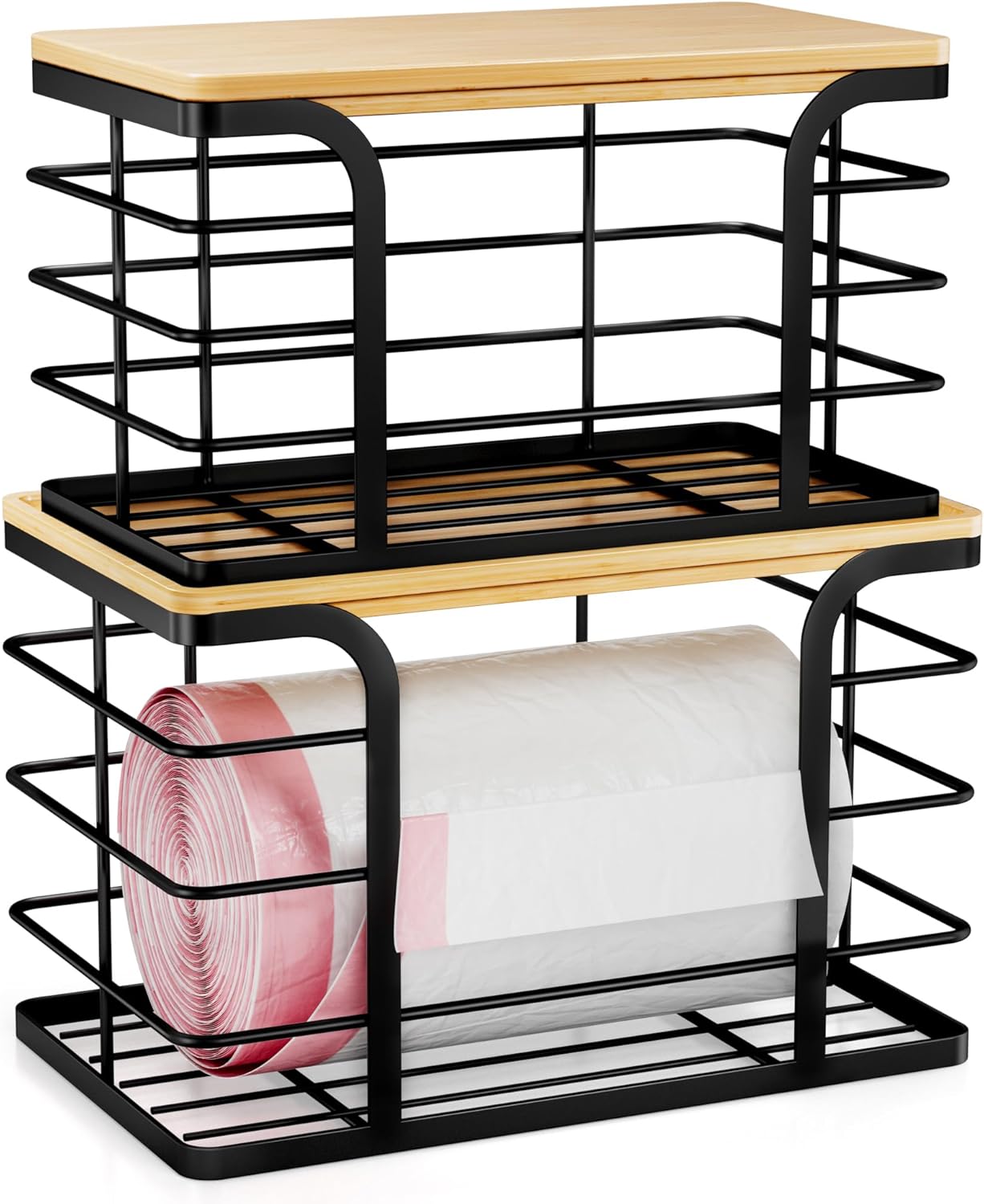 2 Pack Stackable Storage for Kitchen Laundry Pantry Organizers,Trash Bag Holder with Bamboo Top,Wall Mount Garbage Bag Dispenser,Black Large and Small
