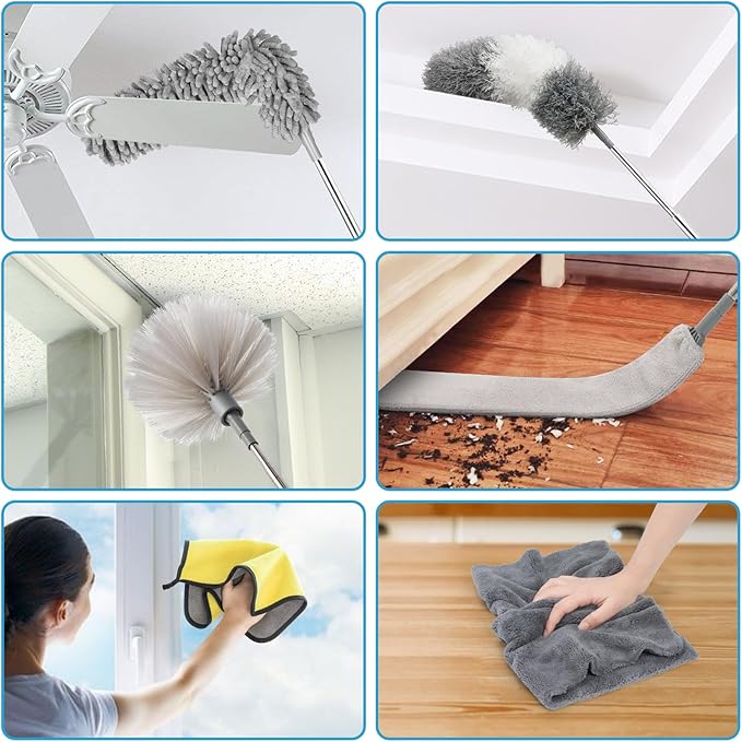 Microfiber Duster Kit 25pcs with 30 to 100 Inches Extension Pole and Baseboard Cleaner Tool, Washable and Bendable Feather Duster for Cleaning Ceiling Fans, High Ceilings, Cobwebs, Blinds,Grey