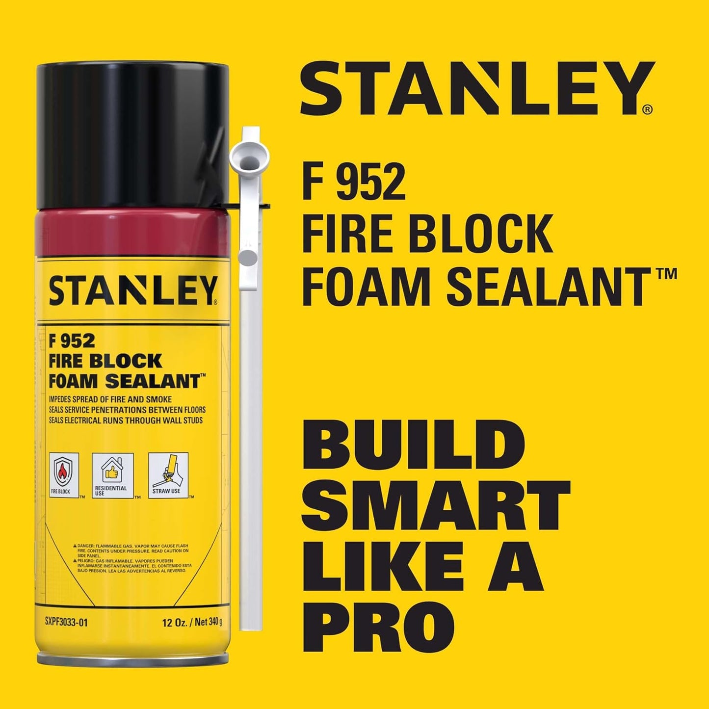 Stanley F952 Fire Block Spray Foam – (1x12oz) Fire Rated Expanding Polyurethane Foam Sealant for Gap Filling & Sealing on Doors, Windows, Walls, Pipes & Joints – Indoor/Outdoor Straw Use | 1 Pack