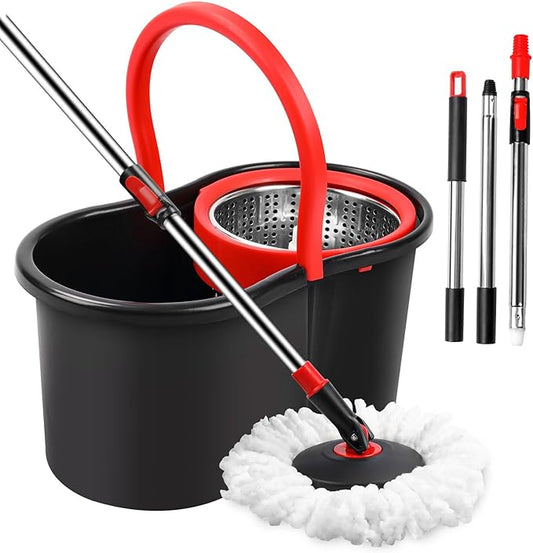 Spin Mop and Bucket, Mop and Bucket with Wringer Set for Home, 360 Spinning Mop Bucket Floor Cleaning Tool with 1 Microfiber Mop Replacement Head,50" Stainless Steel Handle (Black-Includes 1 mop)