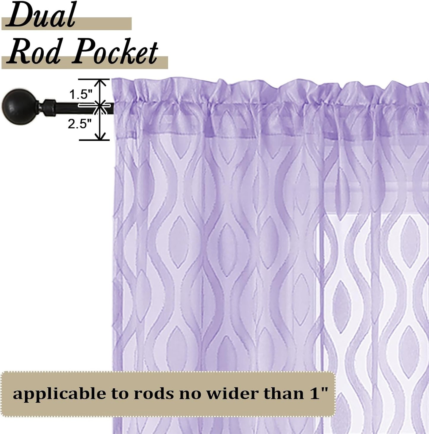 Aiyufeng Lavender Sheer Curtains Tiers 36 Inch Length, Light Filtering Soft Airy Wavy Line Jacquard Textured Short Curtain for Bedroom Bathroom Basement, Dual Rod Pocket, 2 Panels, 40" Wx36 L Inch