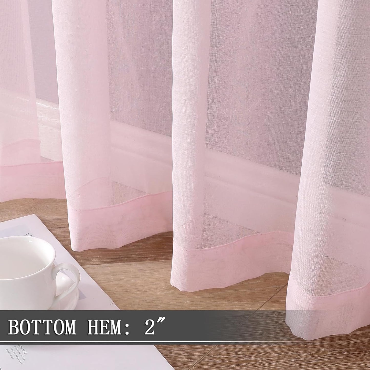 Tollpiz Short Sheer Curtains Living Room Linen Textured Curtain Sheers Light Filtering Voile Rod Pocket Curtains for Bedroom, 38 x 45 inches Long, Pink, Set of 2 Panels