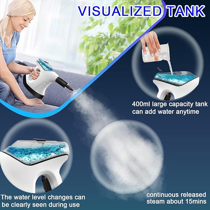 Handheld Steam Cleaner for Home, 10S Immediate Heat Hand Held Steam Cleaner, with Visualized Large Water Tank & 9 PCS Accessories & Safety Lock, for Kitchen,Couch,Floor,Window,Car (WHITE+BLACK)