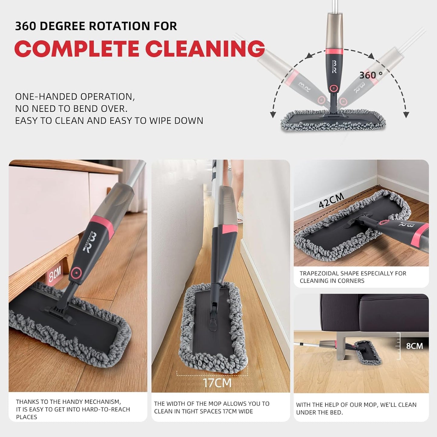 Microfiber Spray Mop for Floors Dry and Wet Mop with Dusting 360 Rotation for Kitchen, Hardwood, Laminate, Tile Floors Includes 4 Refill Heads, Scraper, Holder & Spray Bottle