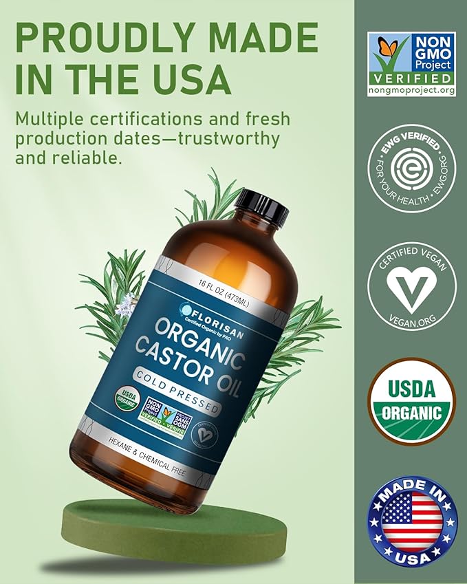 Organic Castor Oil 16oz Glass Bottle, Cold Pressed, Hexane-Free, Non-GMO, 100% Pure Castor Oil for Hair Growth, Skin, Lashes, Eyebrows, EWG Verified & USDA Organic Certified