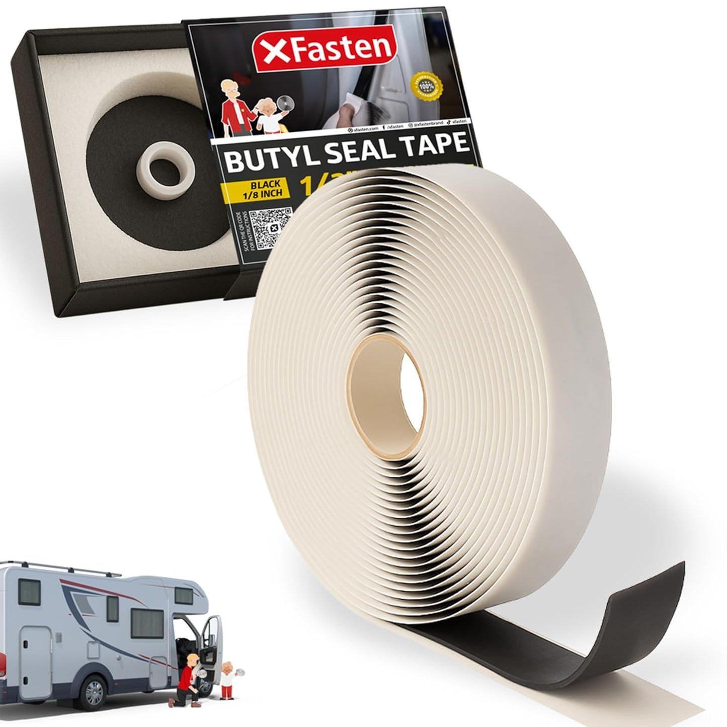 XFasten Butyl Tape RV Black, 3/4 in x 45 Ft, 1/8 in Thick EDPM Rubber Sealant Tape - Roof Patching, Boat Sealing, Leak Proof Butyl Putty Tape