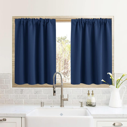 RYB HOME RV Camper Door Window Curtains -Blackout Privacy Curtains & Drapes for Bathroom Bedroom Kitchen Portable Travel Trailer Small Window Decor, W 34 x L 24, Navy Blue, 2 Panels