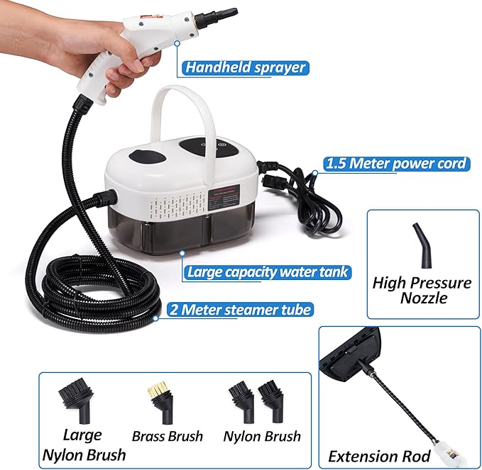 Spurgehom Handheld Steam Cleaner, 15s Heat-Up 1L Tank Portable Steam Cleaner, 2500W High Temperature Multipurpose Steamer for Cleaning, 6 Gears Adjustable Handheld Steamer for Home, White