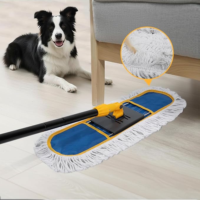 24" Dust Mop for Floor Cleaning, Large Areas Dry & Wet Mop with 2 Washable Cotton Pads, Efficiently Picks Up Pet Hair & Dust for Hardwood, Tile, Laminate, Patio