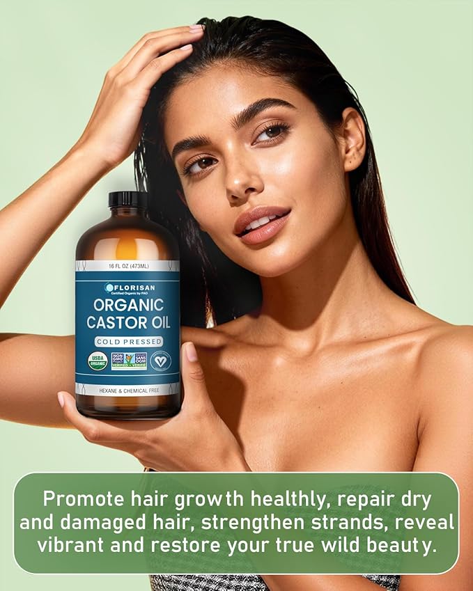 Organic Castor Oil 16oz Glass Bottle, Cold Pressed, Hexane-Free, Non-GMO, 100% Pure Castor Oil for Hair Growth, Skin, Lashes, Eyebrows, EWG Verified & USDA Organic Certified