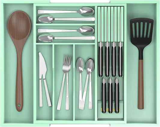 Bamboo Kitchen Drawer Organizer, Expandable Utensil Organizer with Removable Knife Block, Cutlery Tray Holder with Divider, Adjustable Silverware Organizer, Cyan