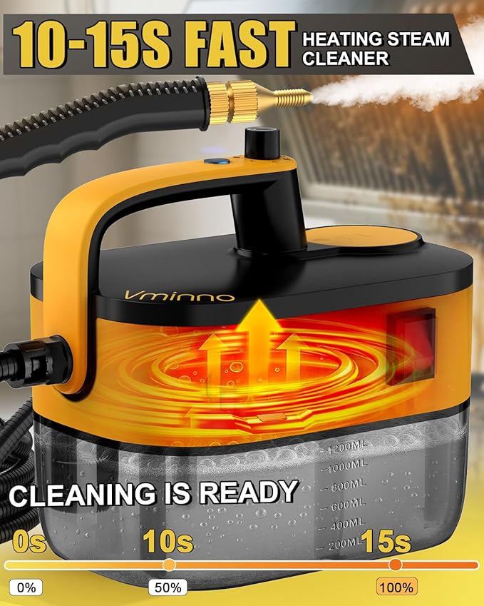 Heavy Duty Steam Cleaner for Home, Fast Heating & 1.2L Tank, 6-Level Adjustable Pressurized Portable Steamer for Cleaning with 11 Accessories for Grout, Tile, Floor, Car and More(Yellow)
