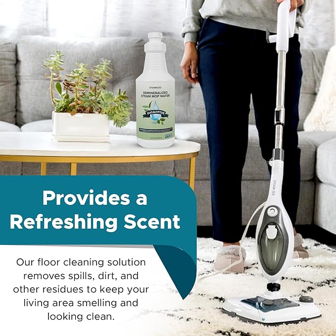 Steam & Go Demineralized Water for Steam Cleaner, PVC-Free Floor Cleaner Liquid Compatible with Any Steam Mop, Ready-to-Use Multisurface Cleaner, Scented, Eucalyptus Mint, 32 oz, Pack of 18